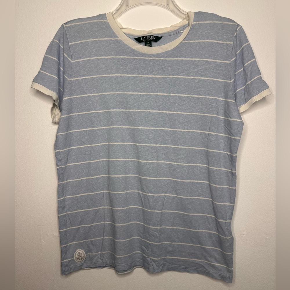 Lauren Ralph Lauren Linen Blend Striped Embroidered Short Sleeve Tee